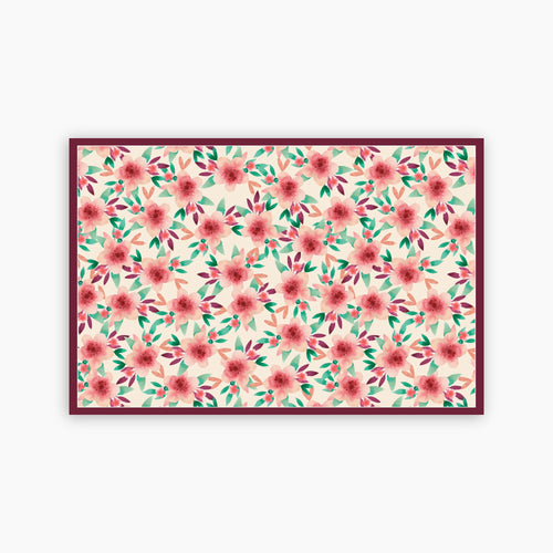 Floral patterned paper placemat with pink flowers and green leaves