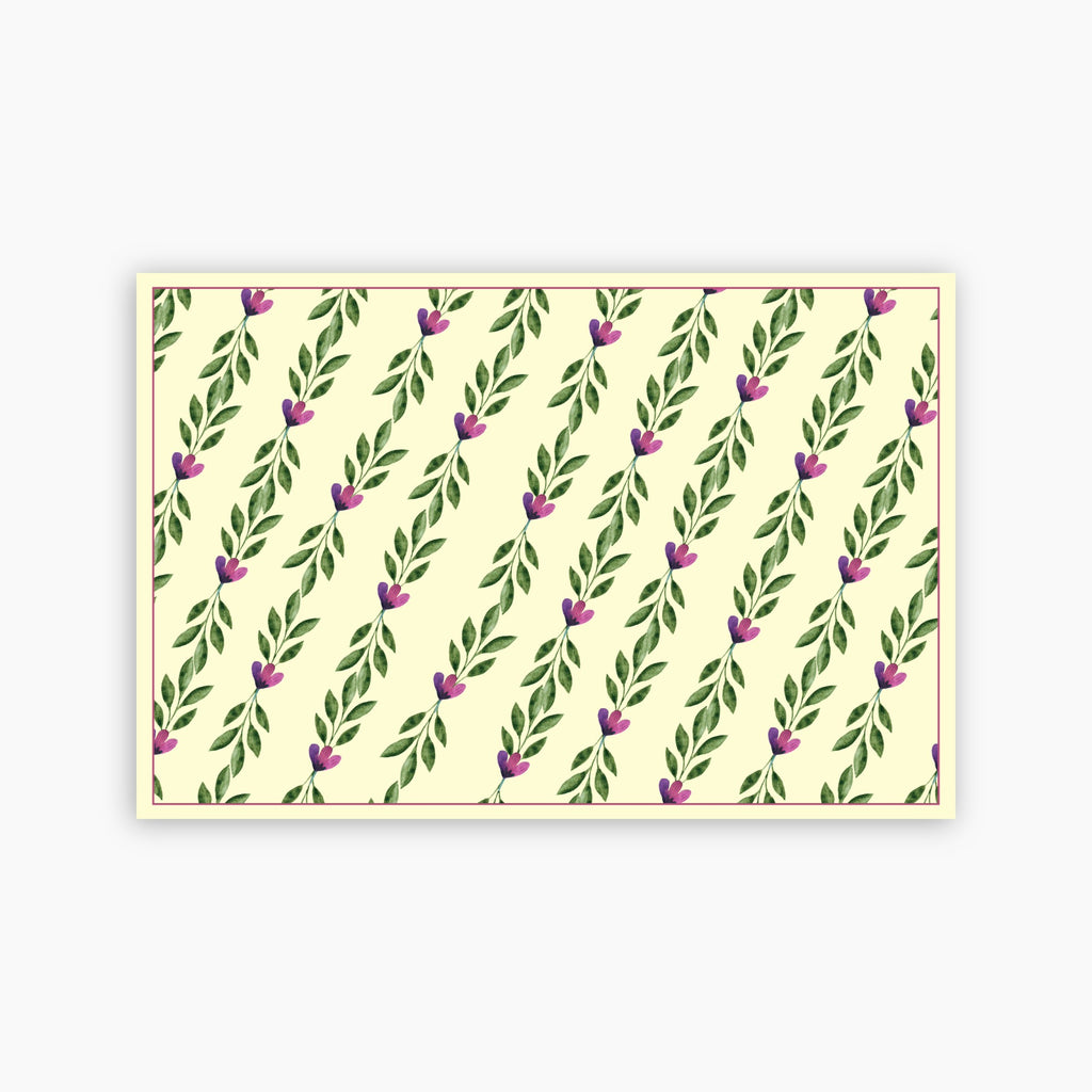 Pattern of green leaves and purple flowers on a yellow background