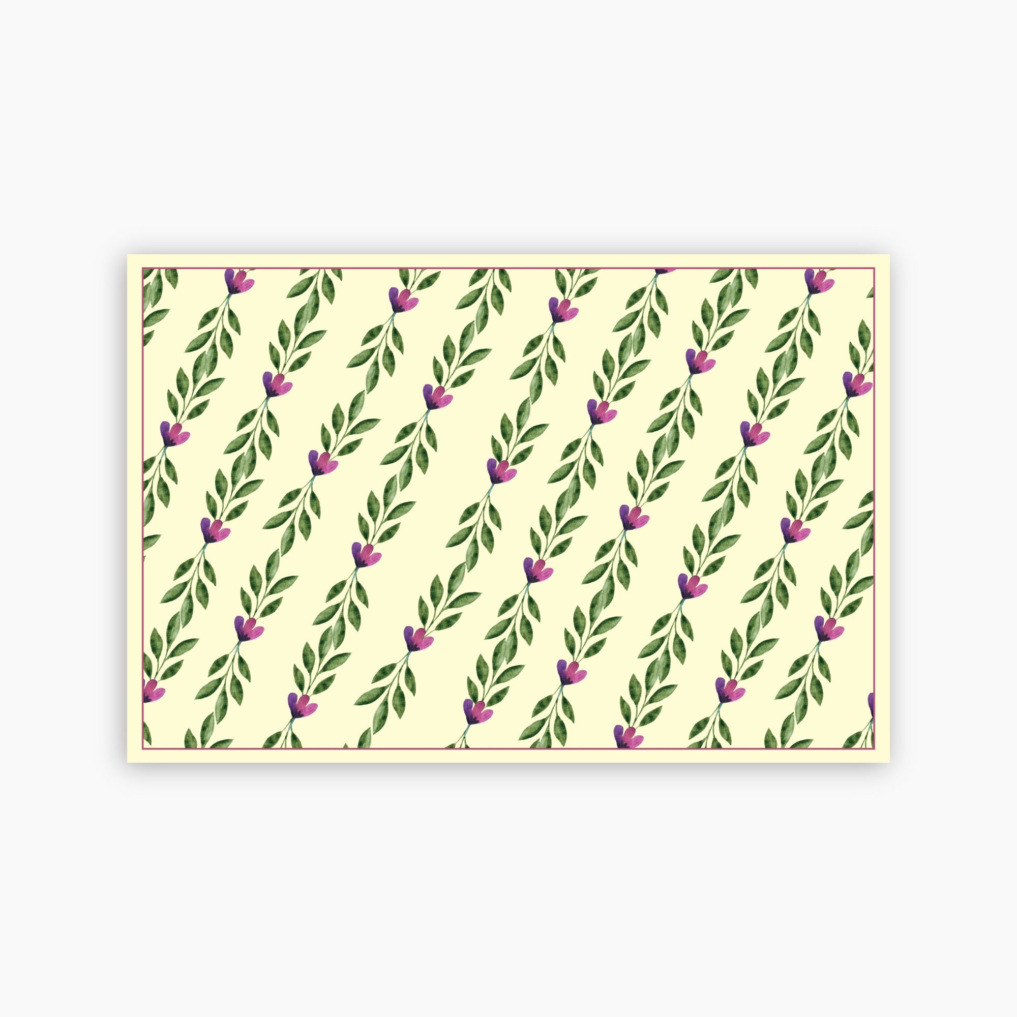 Pattern of green leaves and purple flowers on a yellow background