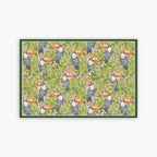 Pattern of toucans and leaves on a green background printed on a paper placemat
