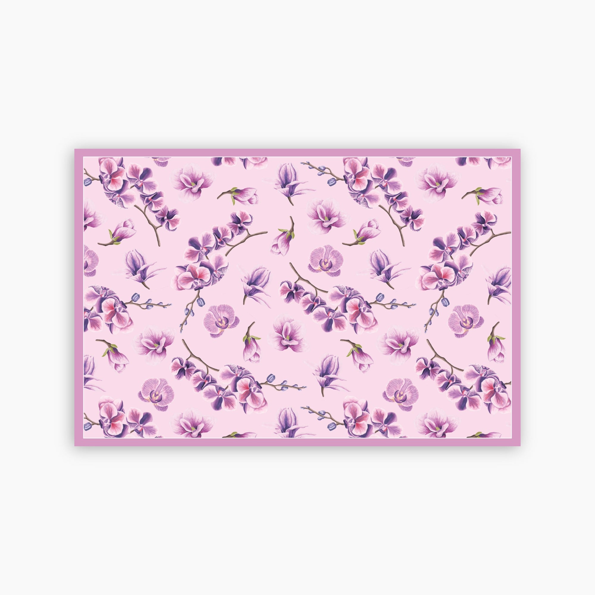 Floral patterned paper placemat with pink and purple flowers on a pink background