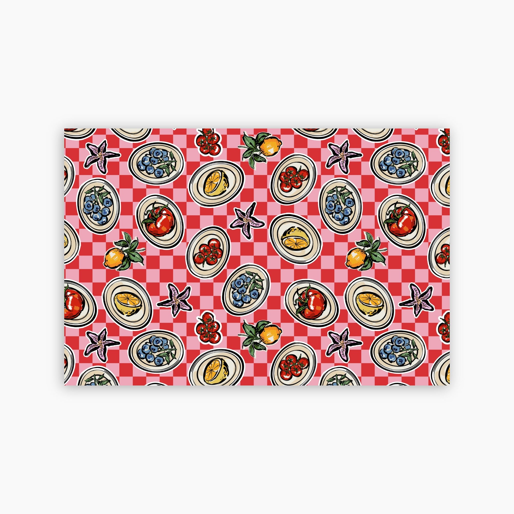 Patterned paper placemat with a red and white checkered background and various food illustrations on a white background