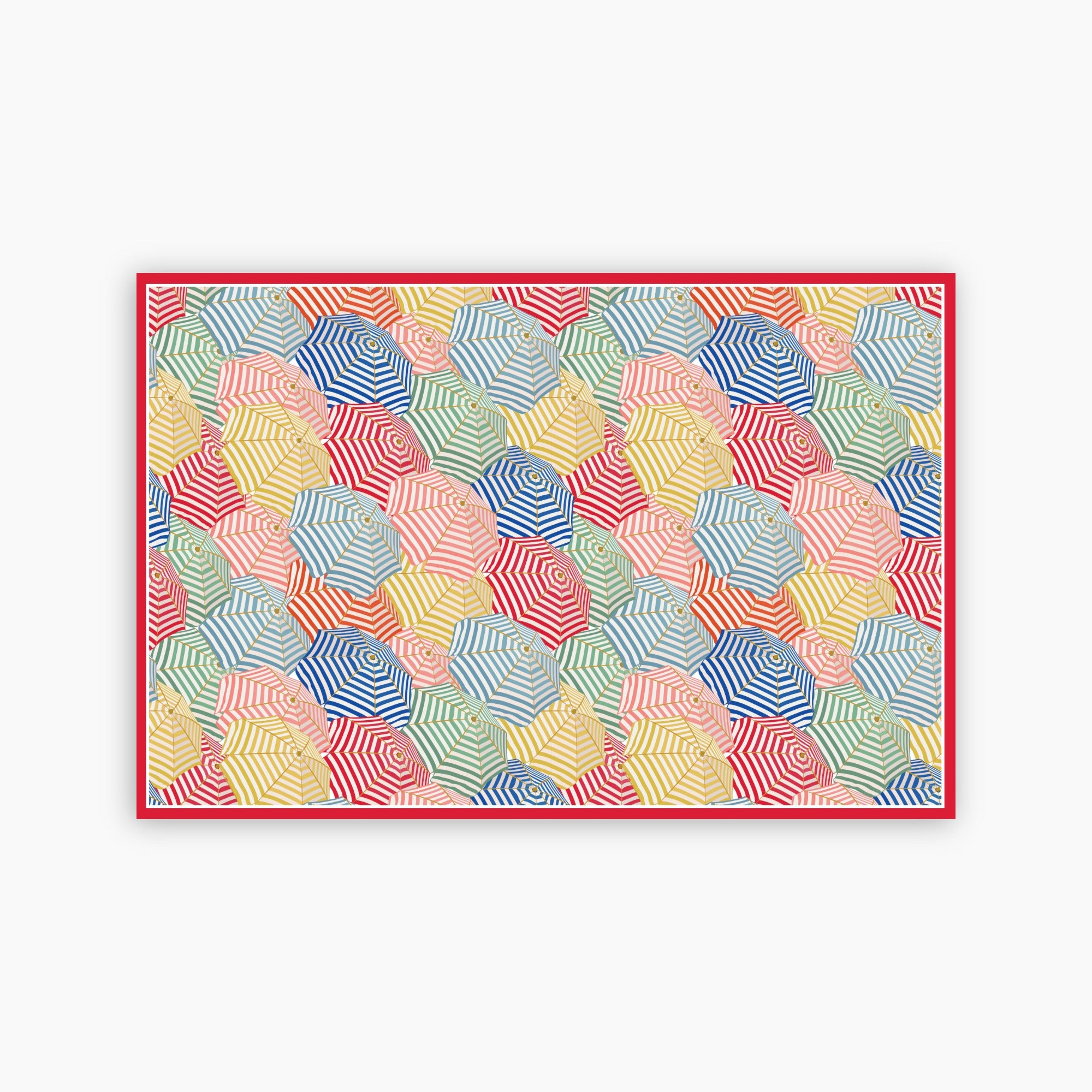 Colorful geometric umbrella patterned rug with a red border on a white background
