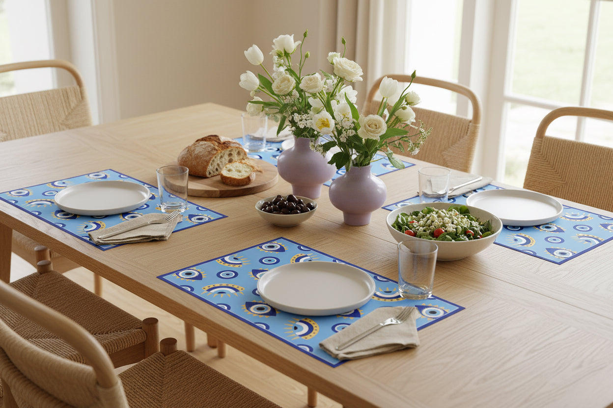 Dining table set with plates, bread, flowers, and salad in a bright room.