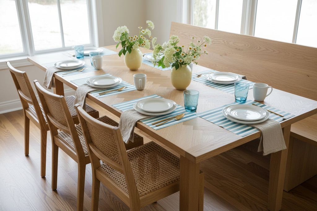 Dining room with a wooden table set for a meal, featuring chairs, plates, and flowers.