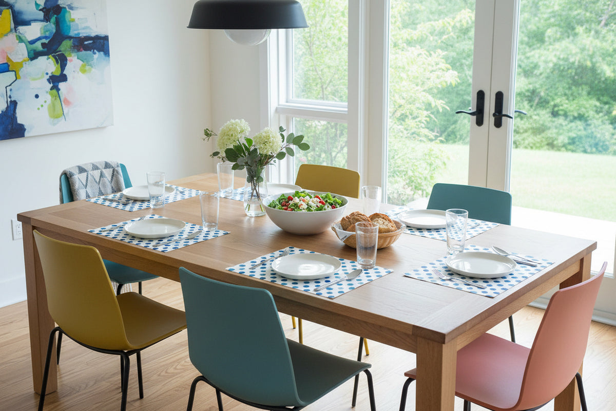 Dining room with a wooden table set for a meal, colorful chairs, and a large window. With paper placemats and blue polka dots.