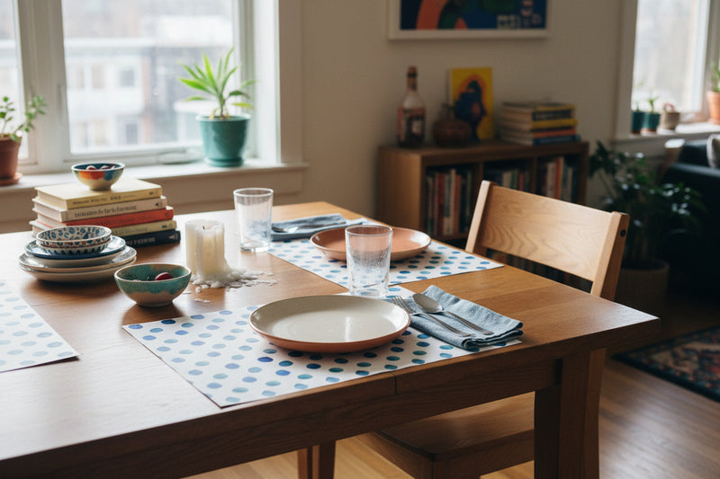 Pattern of blue polka dots on a white background paper placemat, set on a wooden table with books, plates and bowls. 