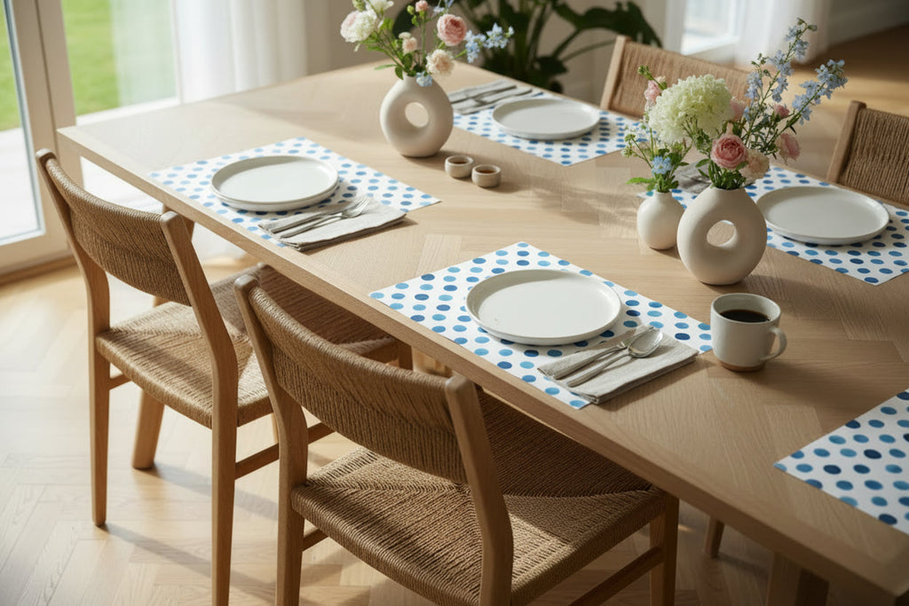Dining table set with plates, cups, and flowers in a bright room, table set on blue polka dot watercolor paper placemats.