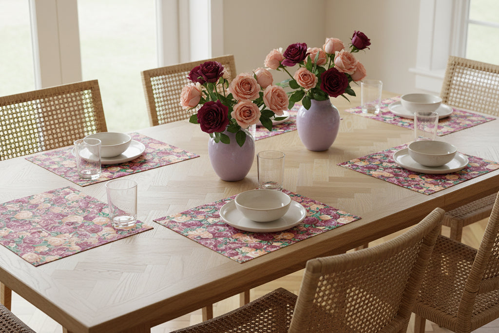 Pattern of pink and orange flowers on a red background set on a table with plates and bowls. 