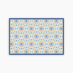 Decorative mat with a colorful geometric pattern on a white background