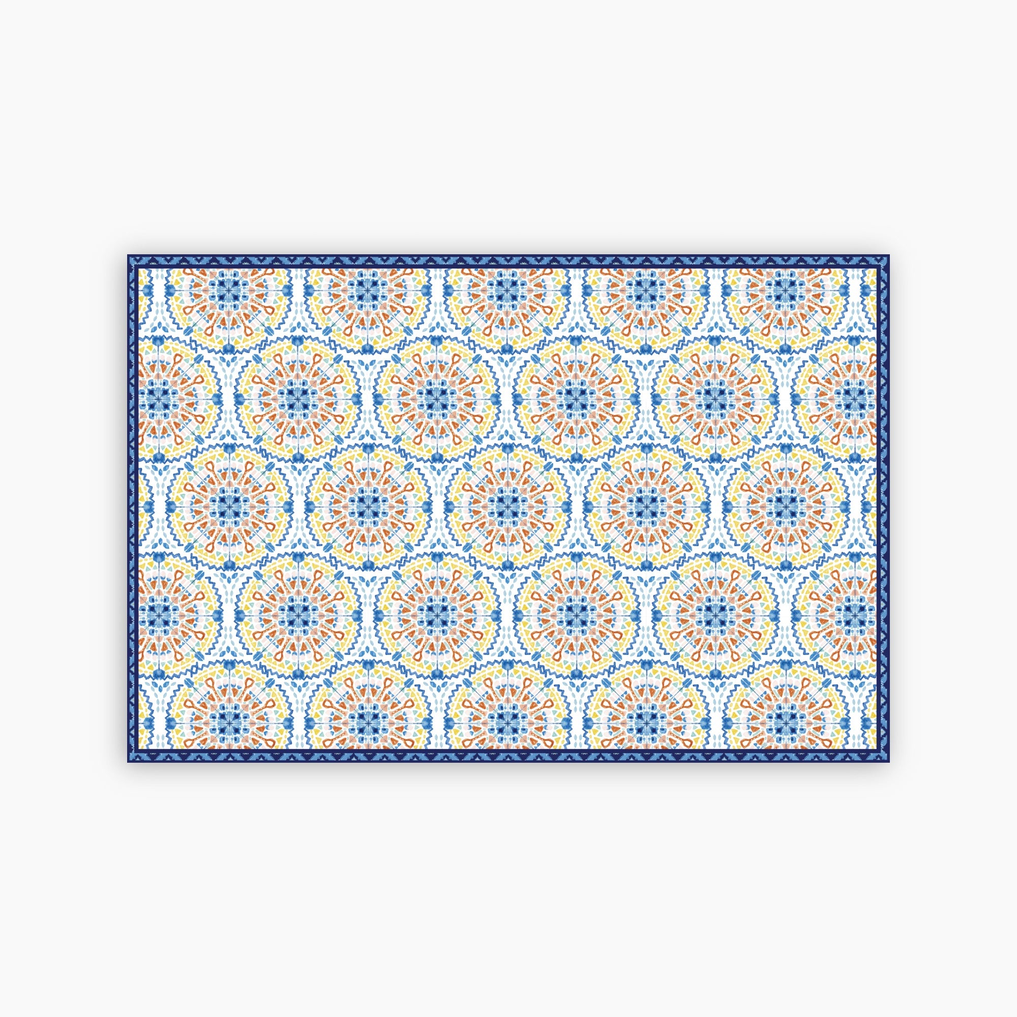 Decorative mat with a colorful geometric pattern on a white background
