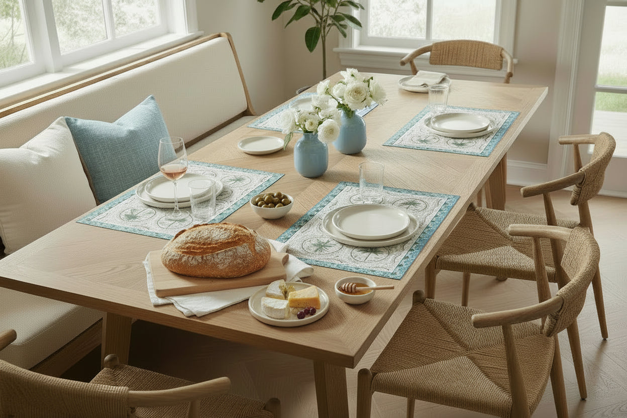Dining table set with plates, bread, and glasses in a bright room.