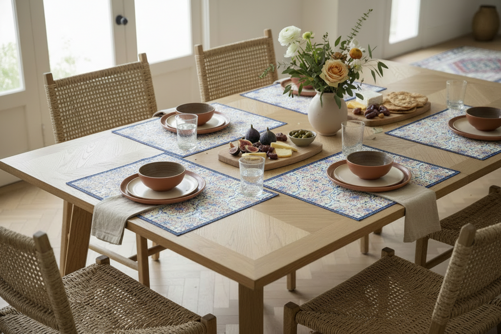Dining table set with place mats featuring Moroccan tile pattern, plates, and a vase of flowers in a bright room.