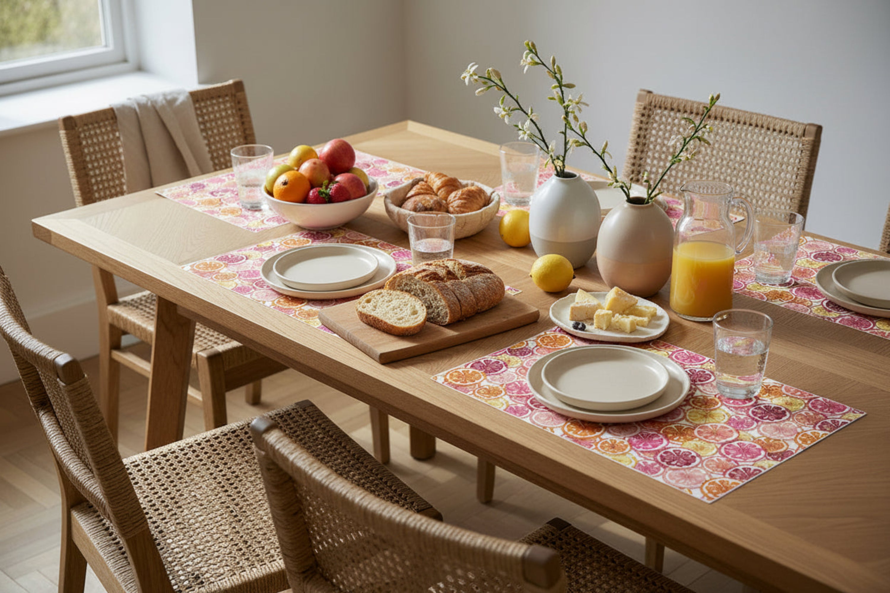 Dining table set with breakfast items including fruit, bread, and juice in a bright room using citrus design paper placemats