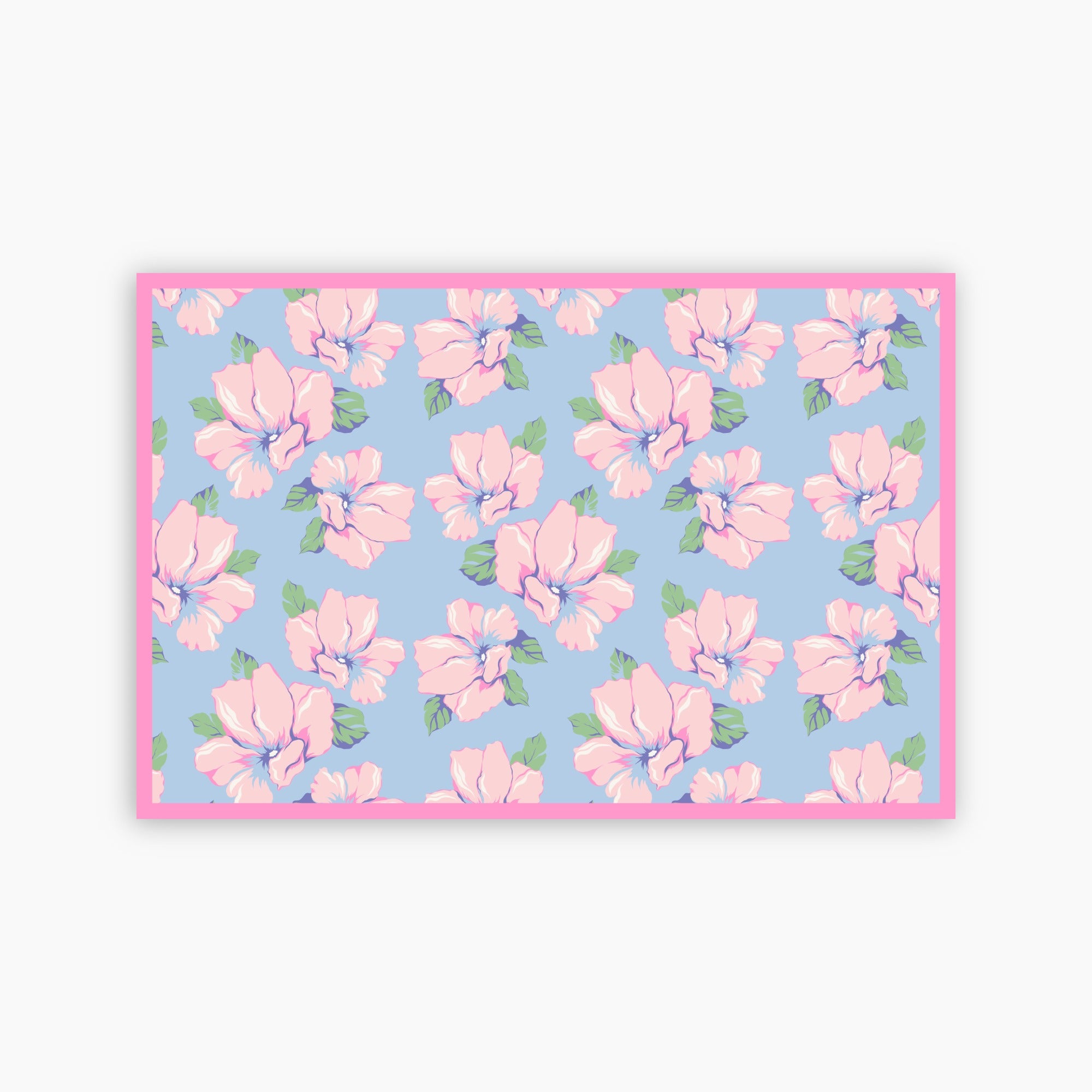 Floral patterned fabric with pink flowers on a blue background