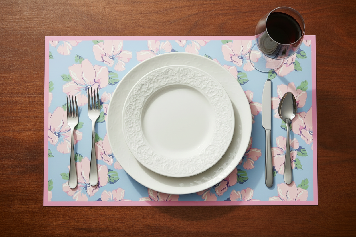 Table setting with a floral placemat, white plate, silverware, and glass on a wooden table.