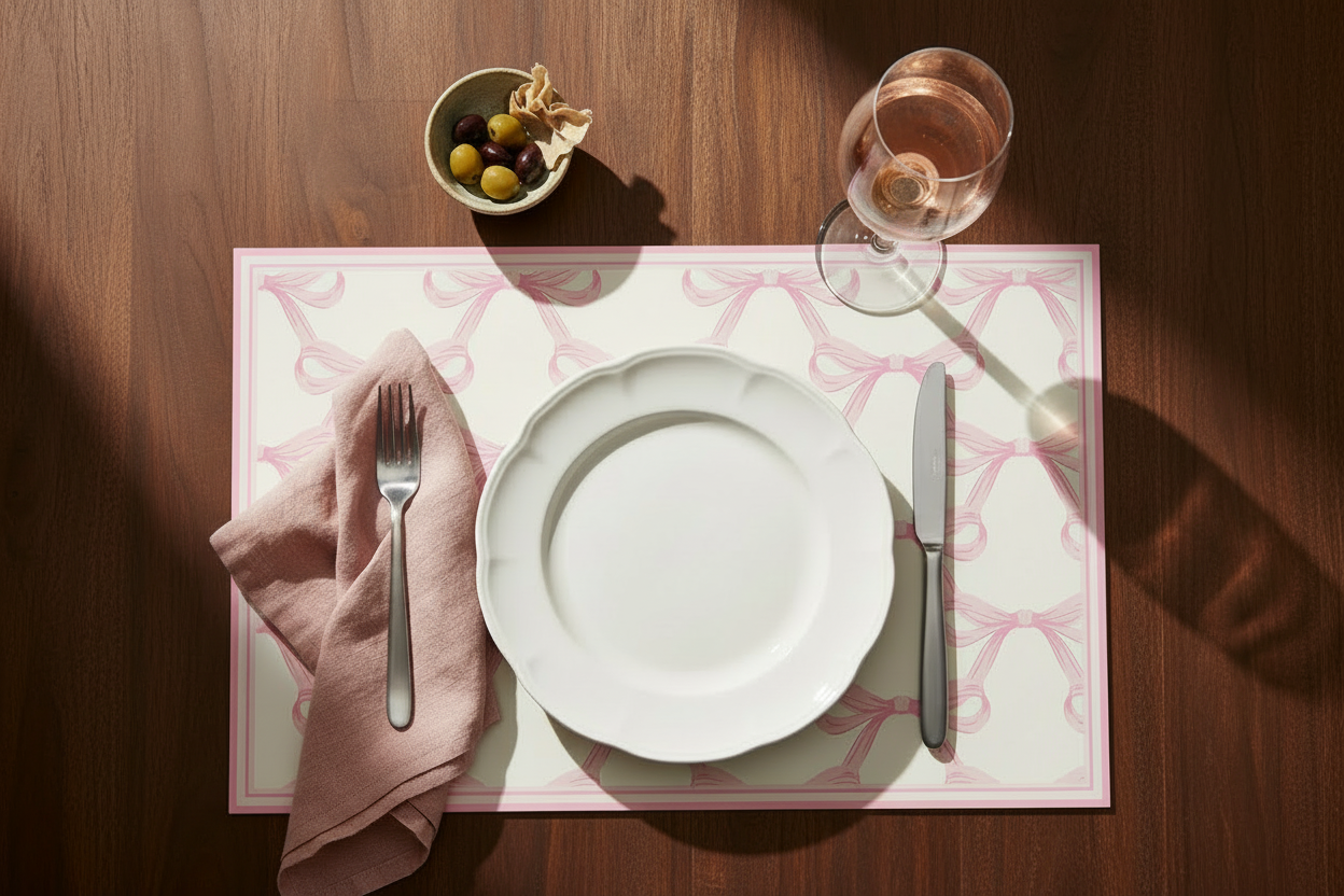 Dinner setting with a pink placemat, white plate, silverware, and a glass of wine on a wooden table.