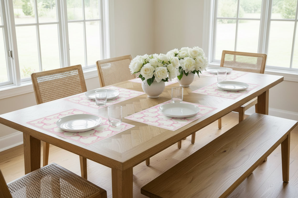 Dining room with a wooden table set for four, white flowers in the center, and large windows.