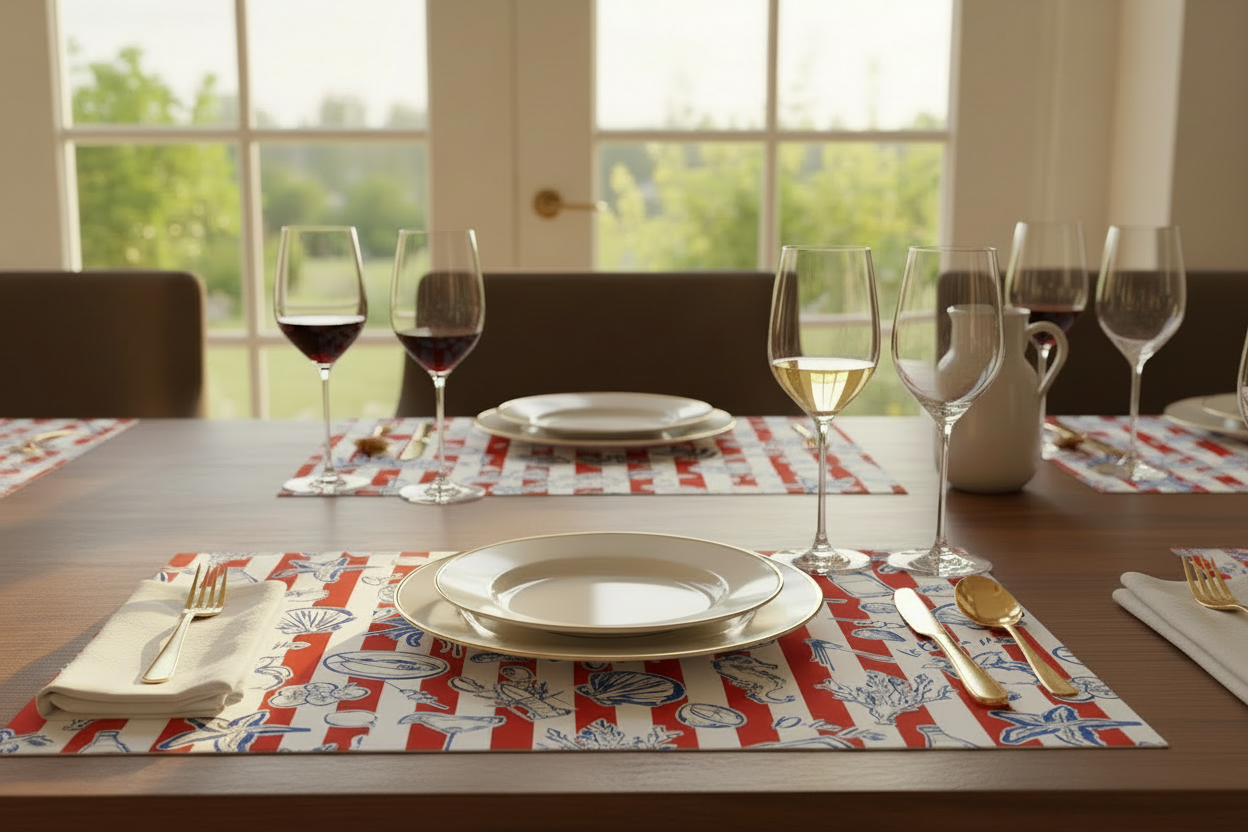 Dining table set with wine glasses, plates, and cutlery in a bright room with large windows.