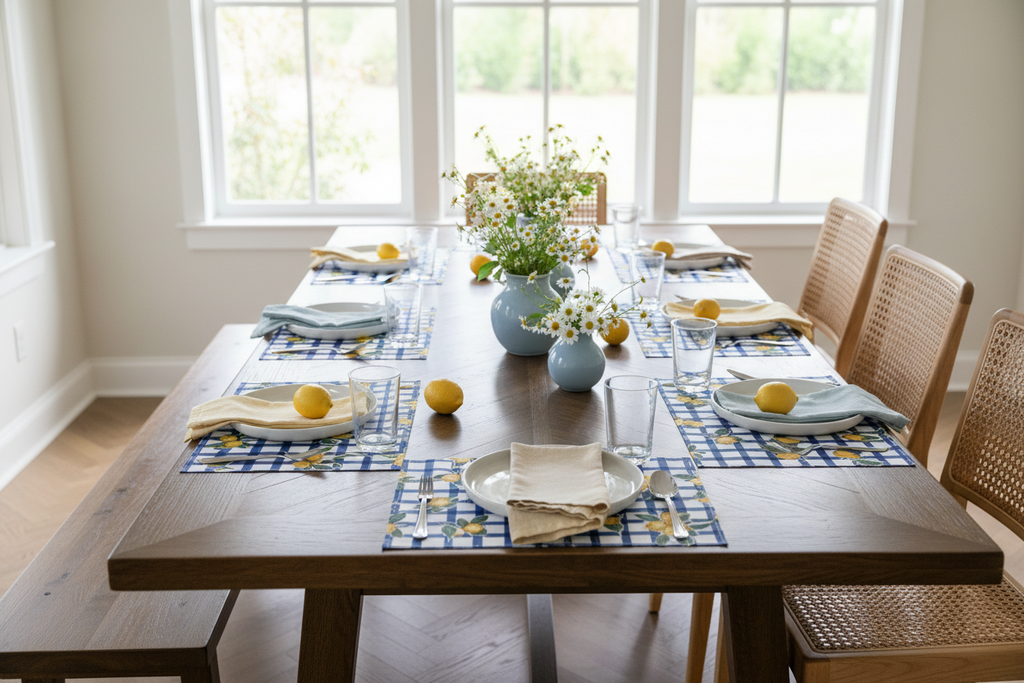 Dining table set with place settings, lemons, and flowers in a bright room.