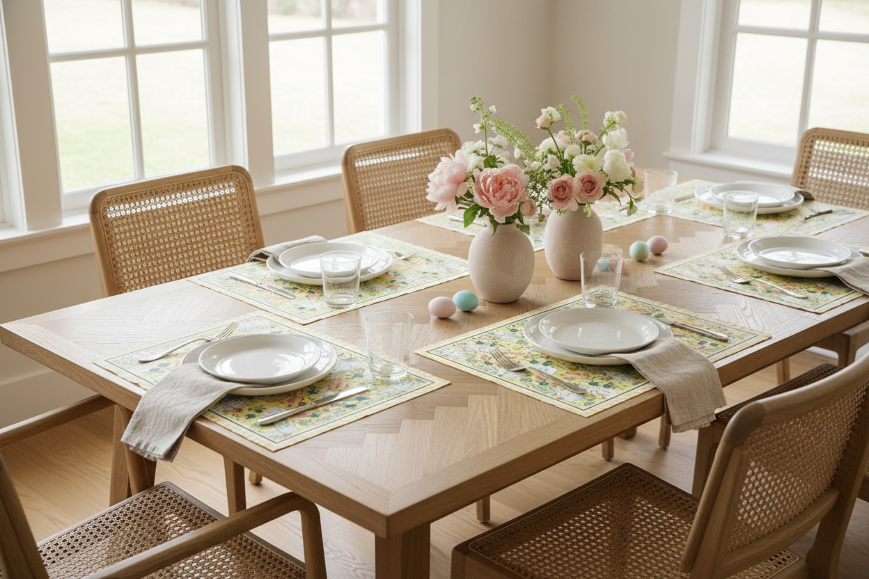 Pattern of white bunnies and flowers on a yellow background with a green border.