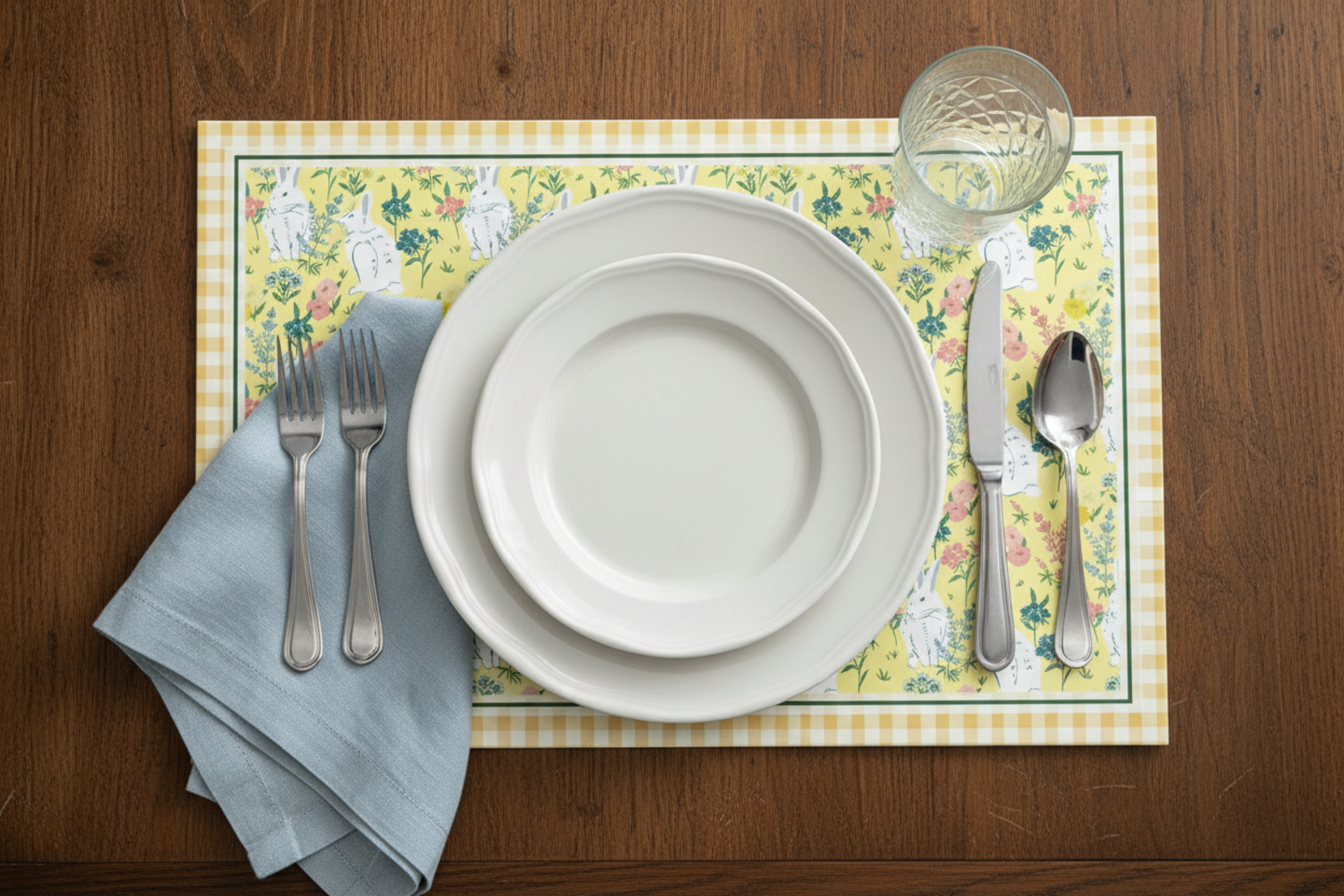 Set table with white plates, silverware, and a floral paper bunny placemat on a wooden surface