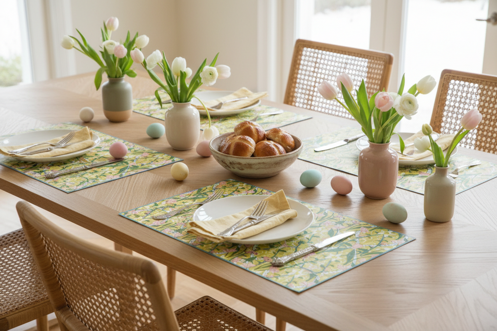 Easter-themed table setting with flowers, eggs, and pastel colors.