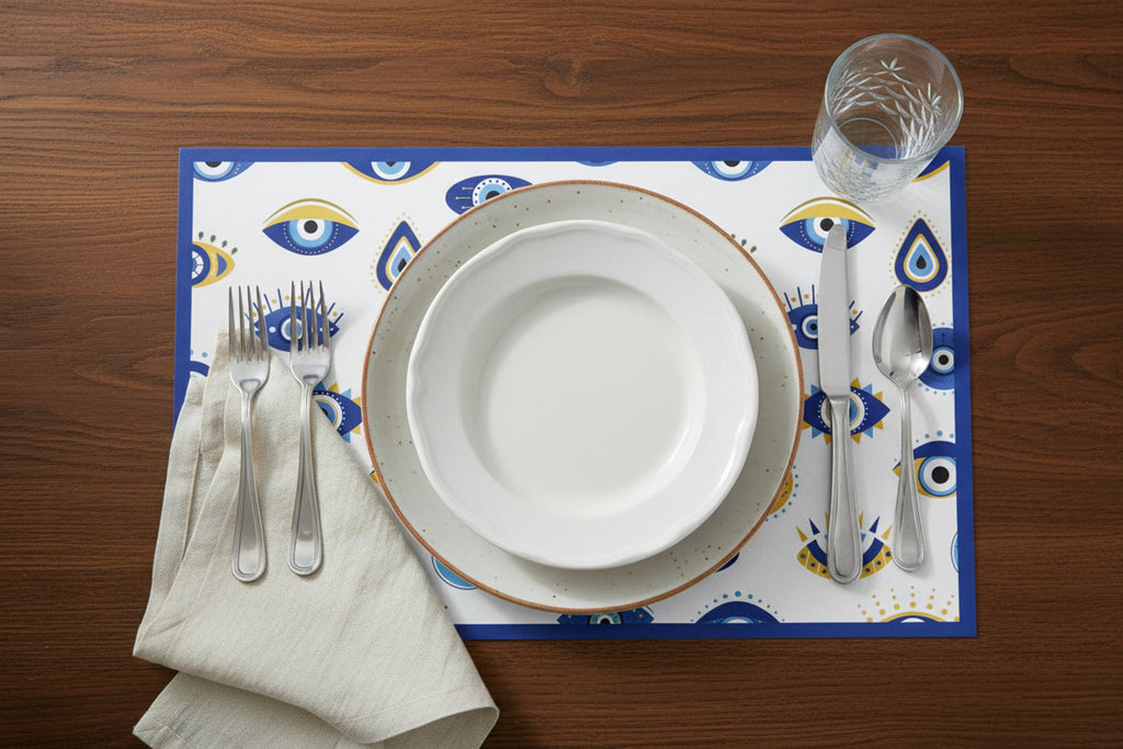 Dinner setting with white plates, silverware, and a decorative placemat on a wooden table.