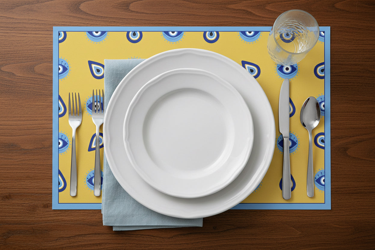 Pattern of blue eye shapes on a yellow background against a wooden table and plate setting