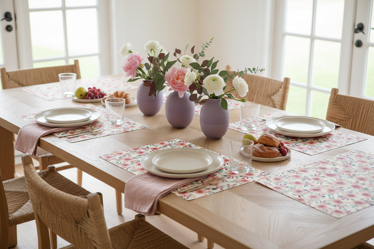 Dining table set with plates, glasses, and flowers in a bright room showcasing luxury paper placemats with flower designs