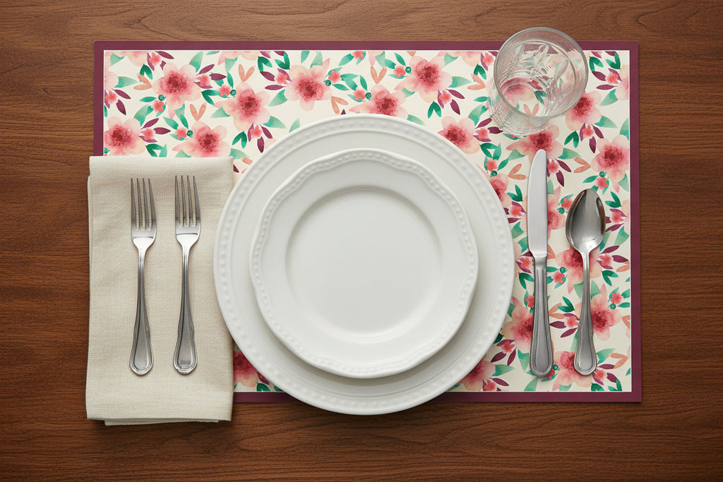 Dining table setting with floral placemat, white plates, silverware, and a glass on a wooden surface.