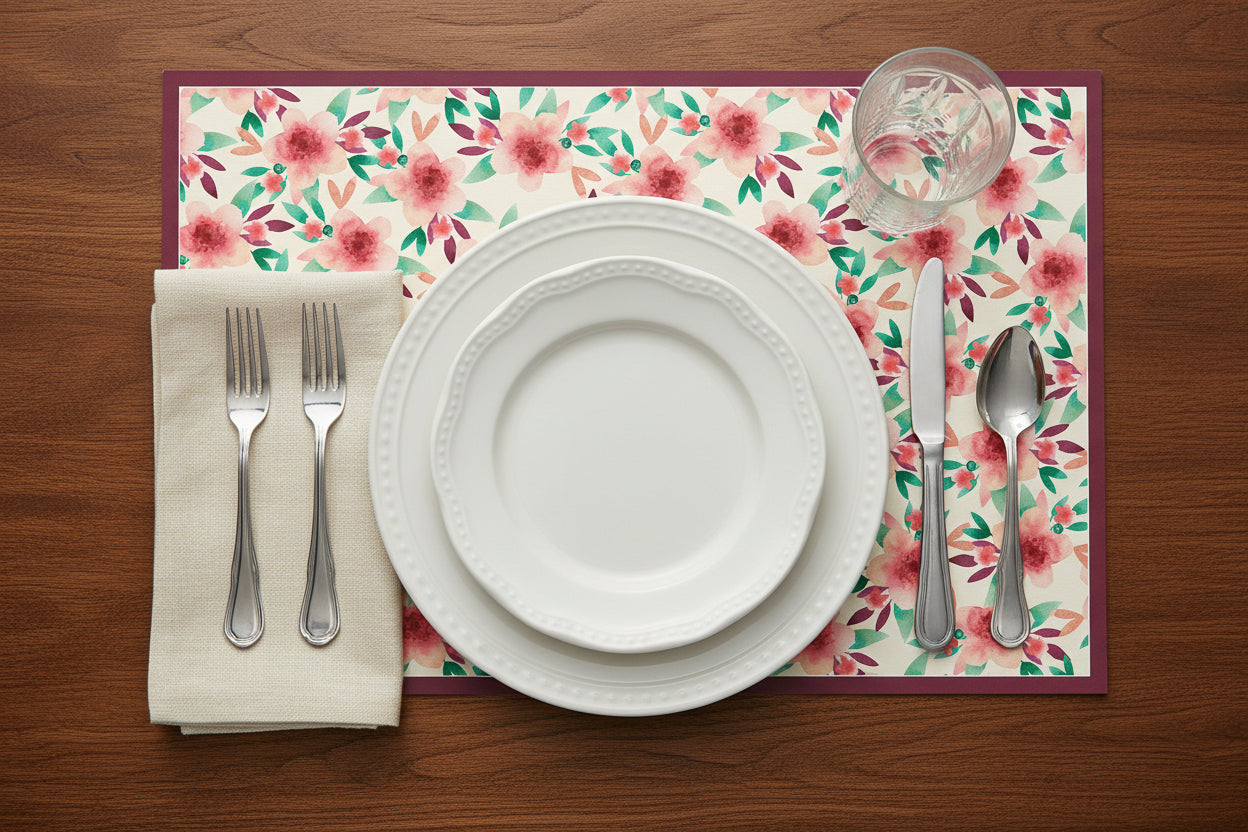 Dining table setting with floral placemat, white plates, silverware, and a glass on a wooden surface.