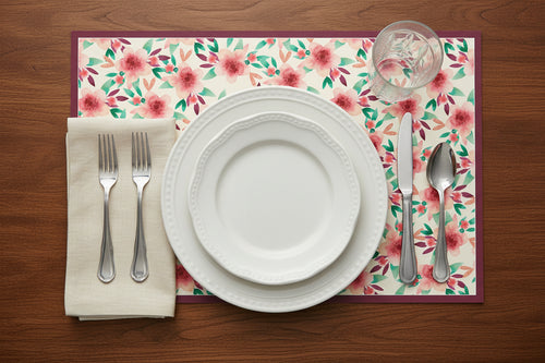 Dining table setting with floral placemat, white plates, silverware, and a glass on a wooden surface.