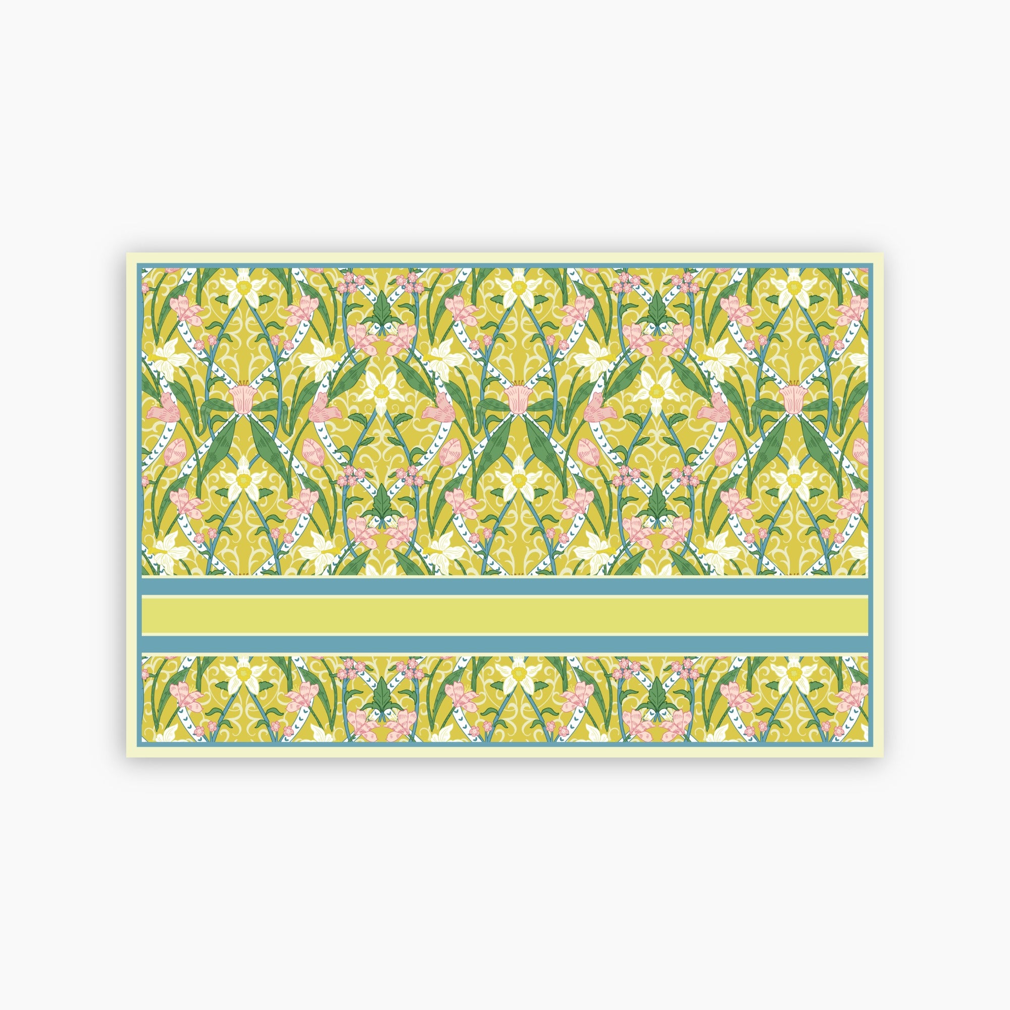 Floral patterned paper with a green border on a white background