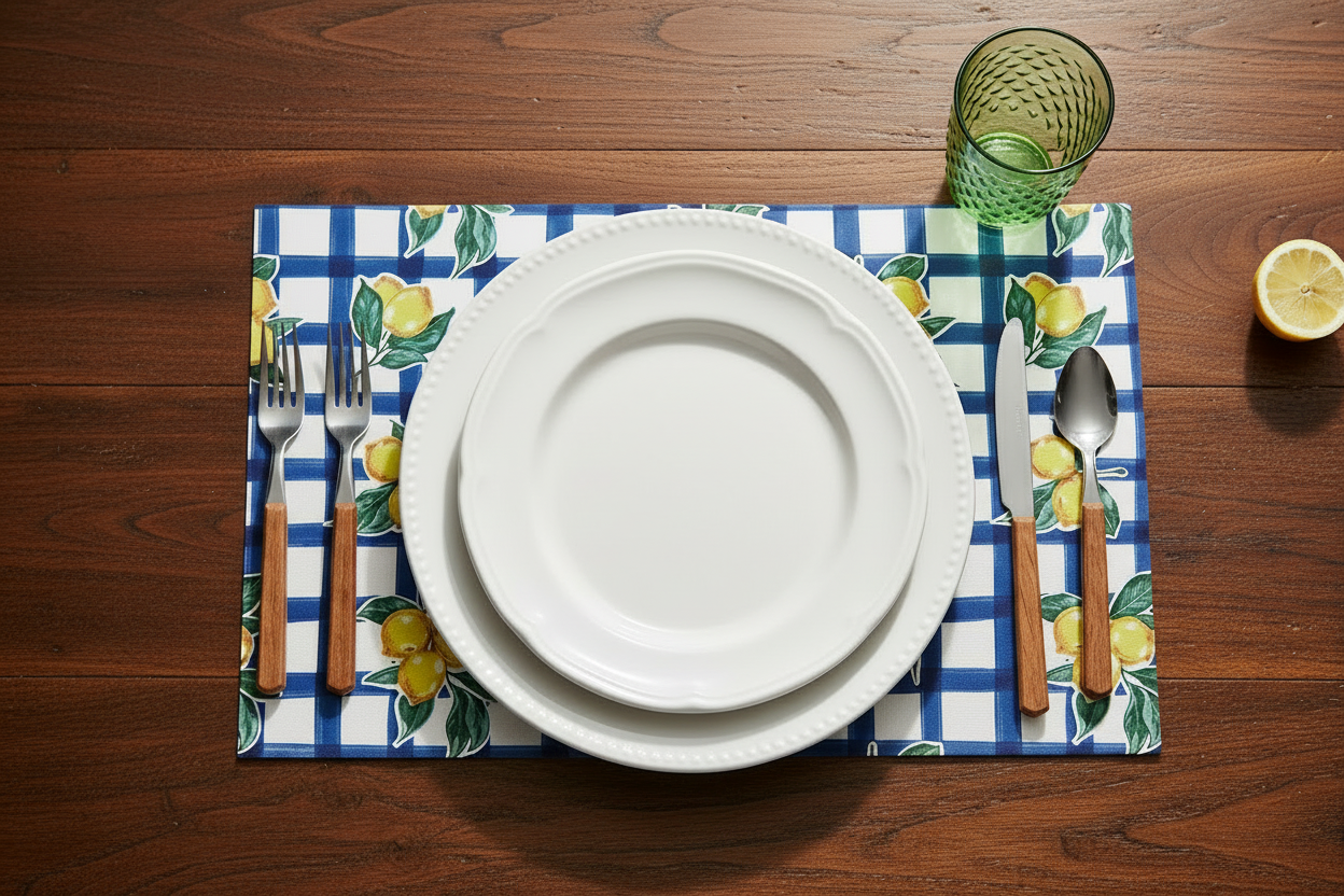 Dinner setting with a white plate, cutlery, and a decorative placemat on a wooden table.