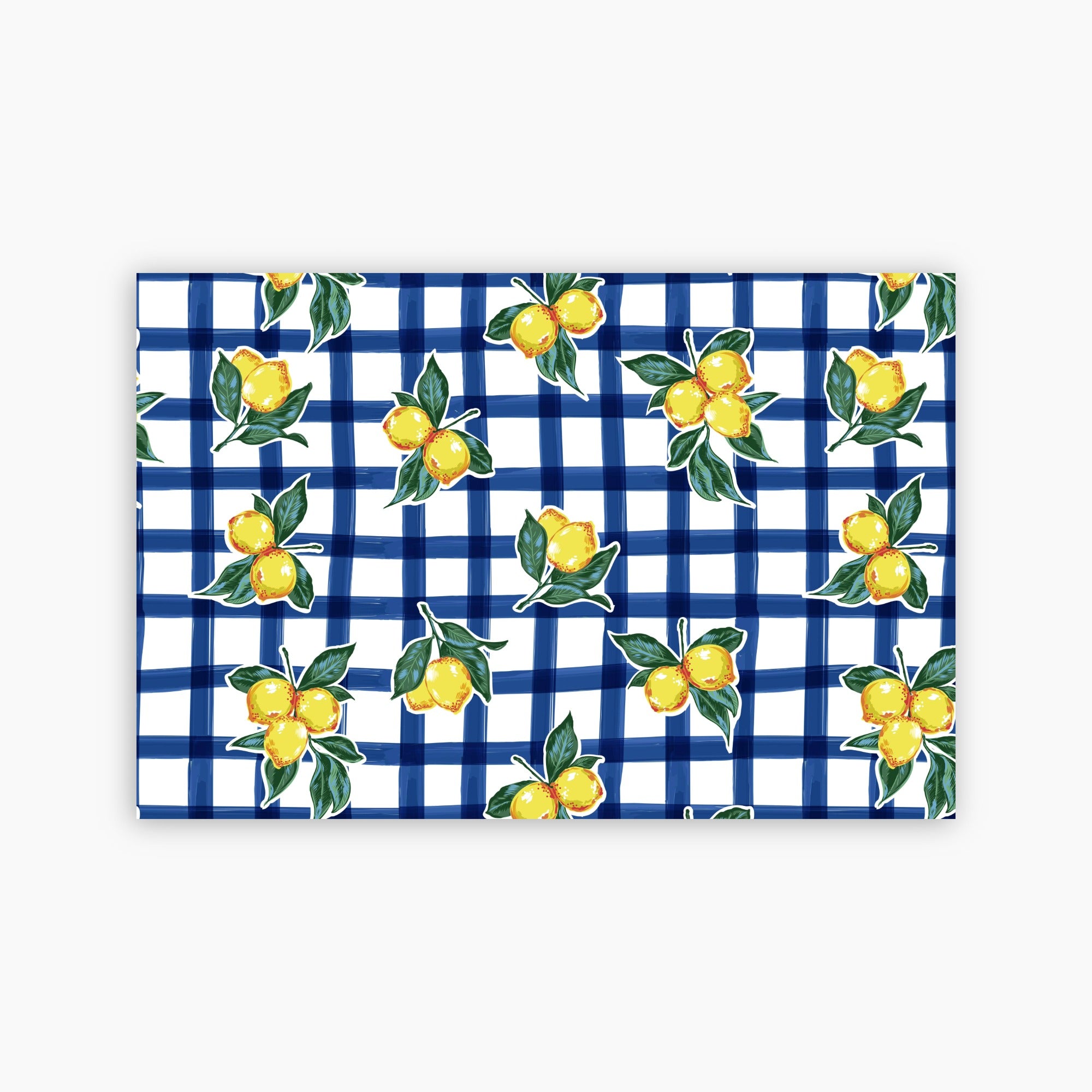 Fabric with blue and white checkered pattern and yellow lemons on a white background