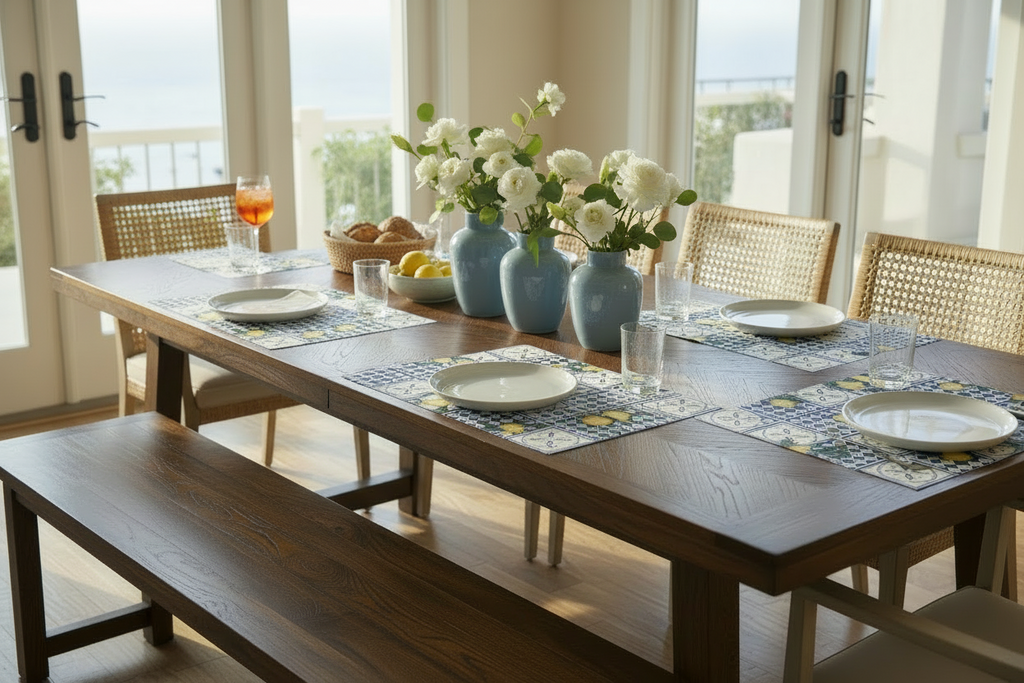 Dining table set with place settings, flowers, and a bench in a bright room.