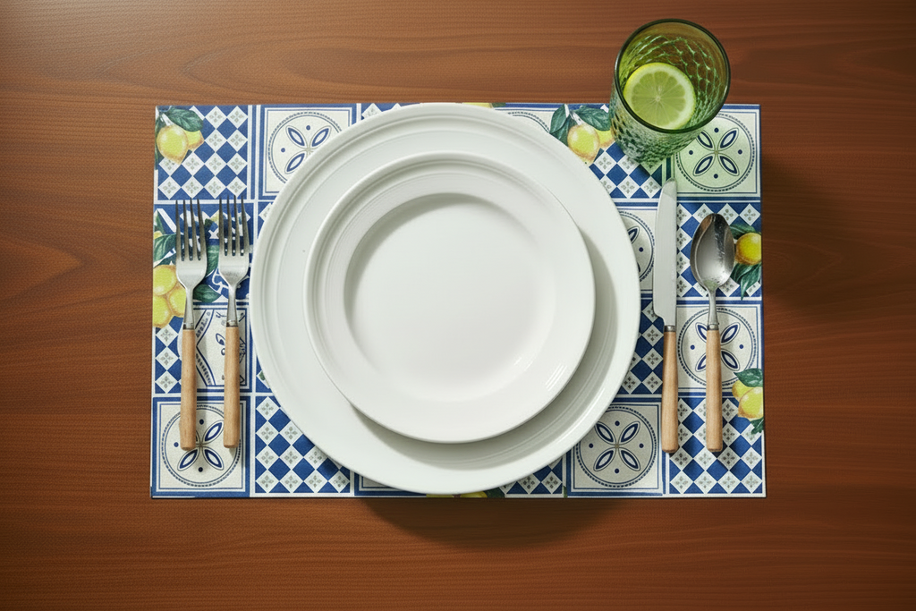 Set table with white plates, silverware, and a glass on a decorative lemon tile placemat.