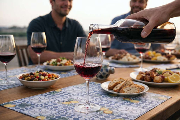 Person pouring red wine into a glass at an outdoor dinner setting with friends.
