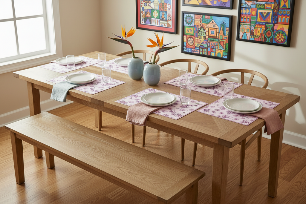 Wooden dining table set with chairs and a bench, placed in a room with a window. The table is set with a purple and lavender placemat showcasing orchid flowers, with plates and a vase in the middle of the table. 