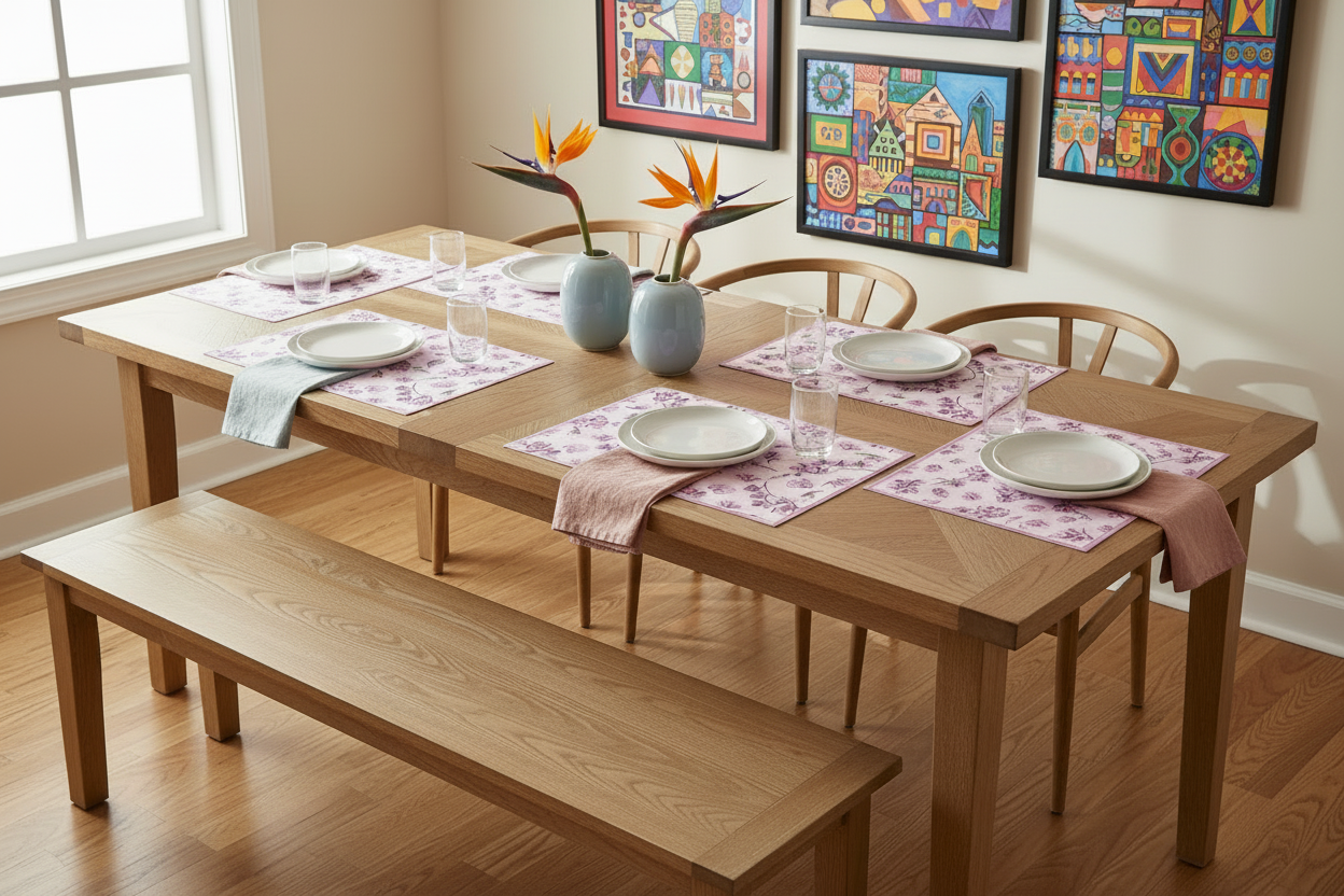 Wooden dining table set with chairs and a bench, placed in a room with a window. The table is set with a purple and lavender placemat showcasing orchid flowers, with plates and a vase in the middle of the table. 
