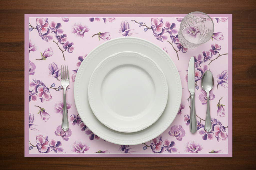 Table setting with floral placemat, white plates, silverware, and a glass on a wooden surface.