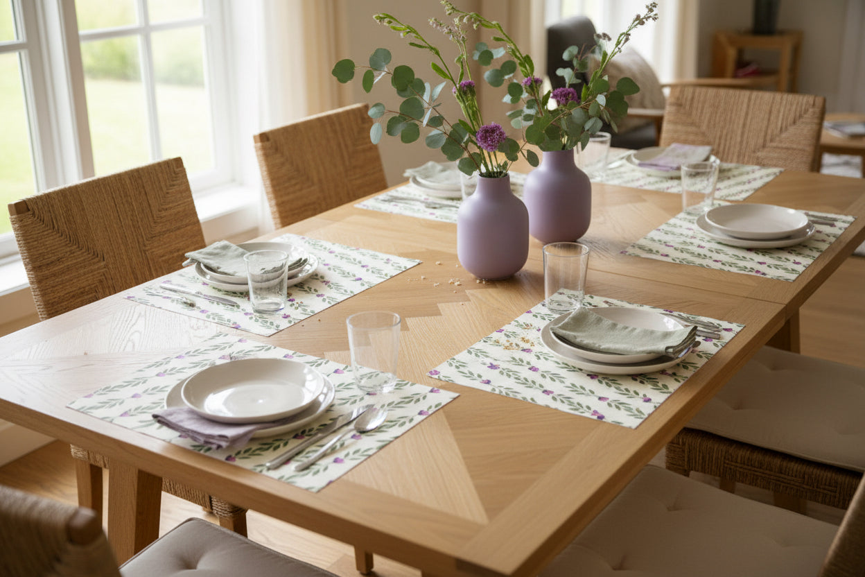 Dining table set with plates, glasses, and floral arrangements in a bright room.