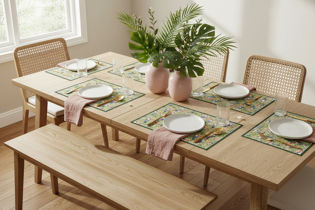 Pattern of toucans and monstera leaves on a green leafy background printed on a paper placemat set on a wooden dining table with plates and golden color silverware