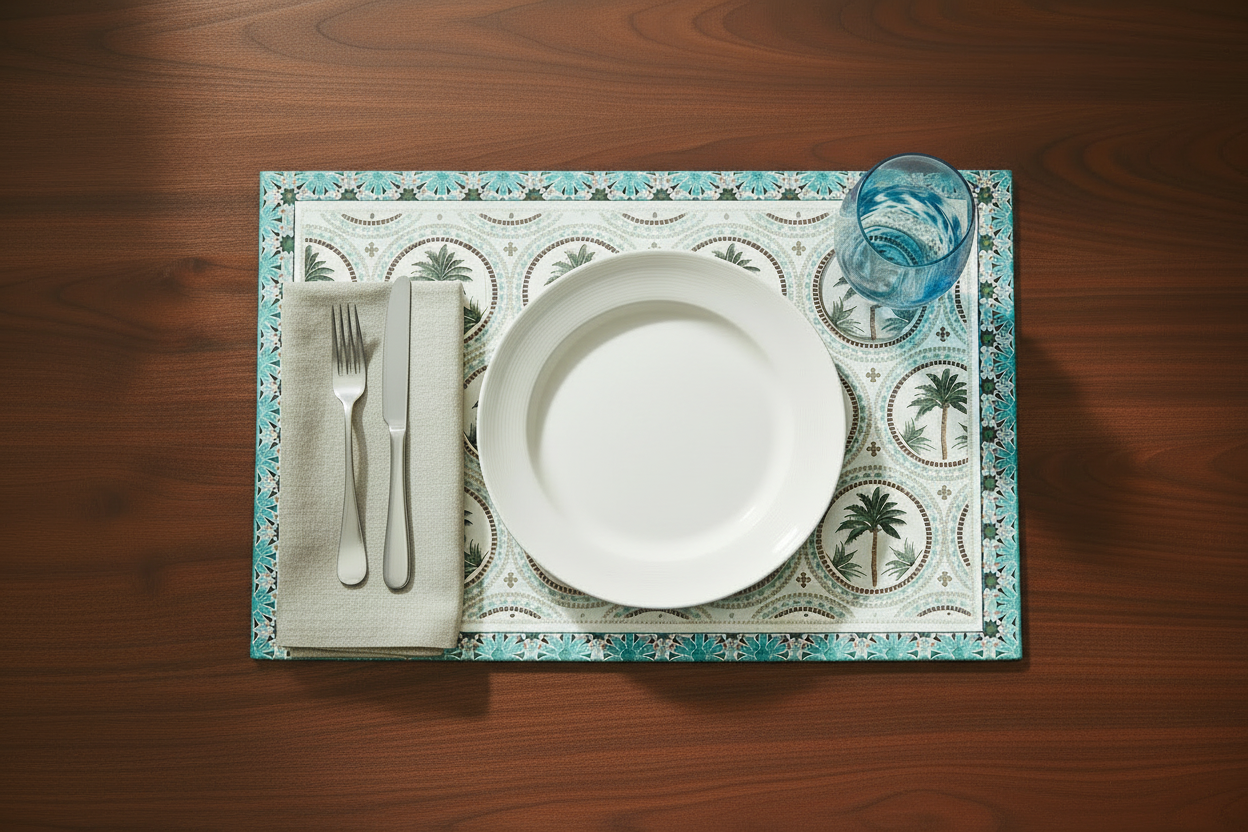 Dining setup with a white plate, fork, knife, napkin, and glass on a decorative placemat.
