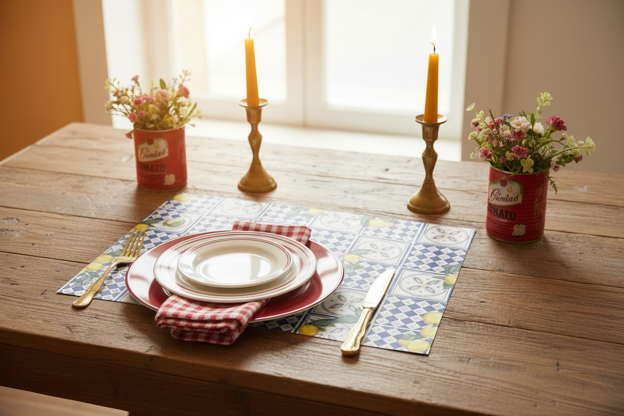 Dining table setting with plates, napkins, and candles on a wooden table.