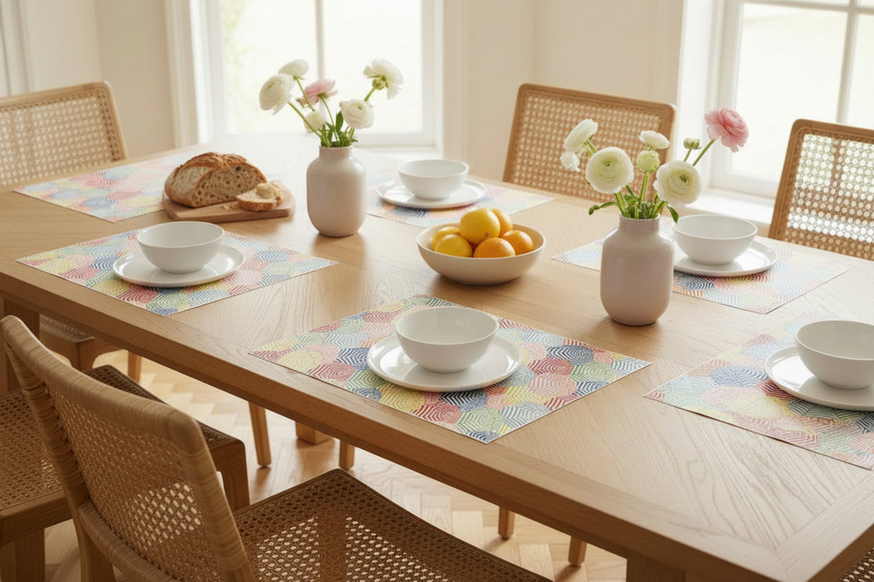 Dining table set with place mats featuring colorful umbrellas, bowls, and flowers in a bright room.