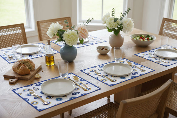 Dining table set with plates, cutlery, and floral arrangements in a bright room.